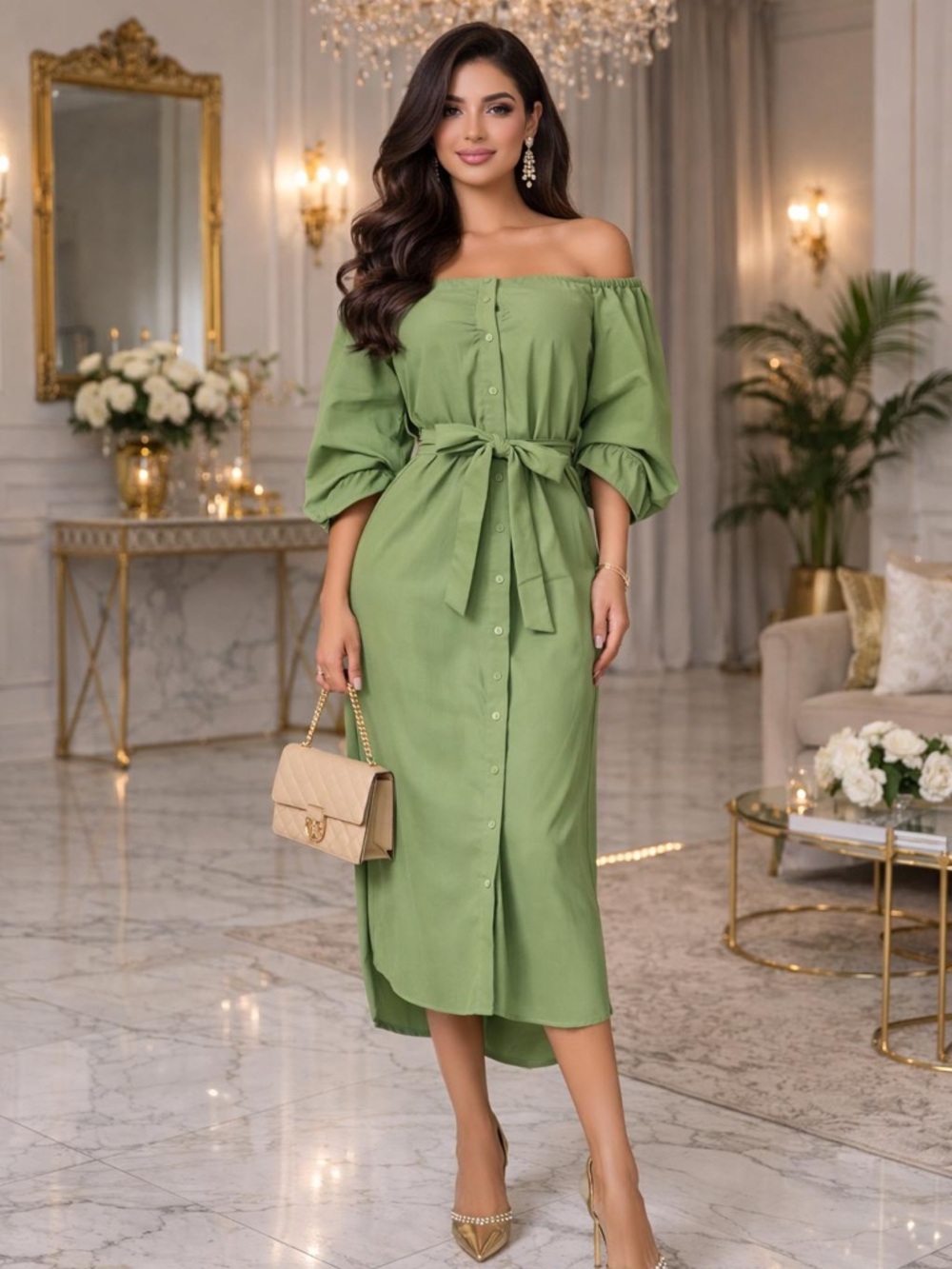 Off-Shoulder Green Button-Front Midi Dress with Waist Tie